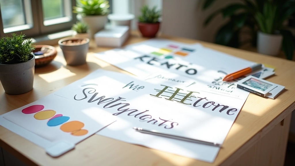 UI design elements and typography samples arranged on a design workspace