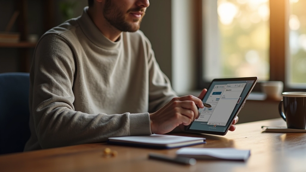 Designer reviewing portfolio work on tablet with coffee on wooden desk