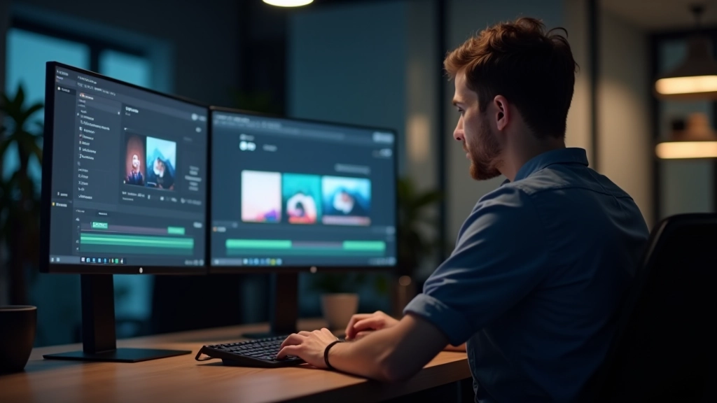 Designer adjusting animation timing curves on dual monitors with motion design software open