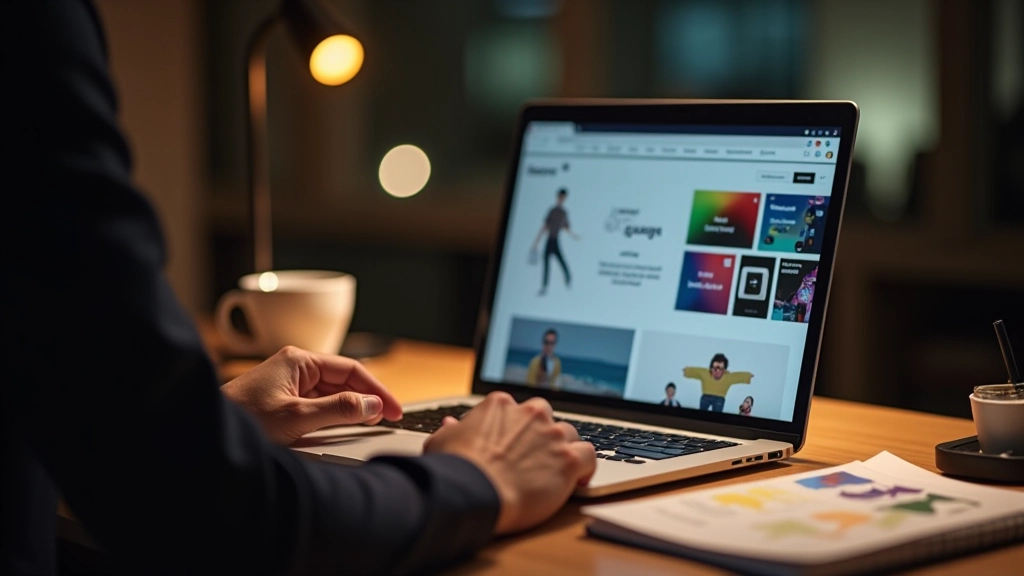 Designer working on portfolio website layout with color palette and typography samples visible on desk