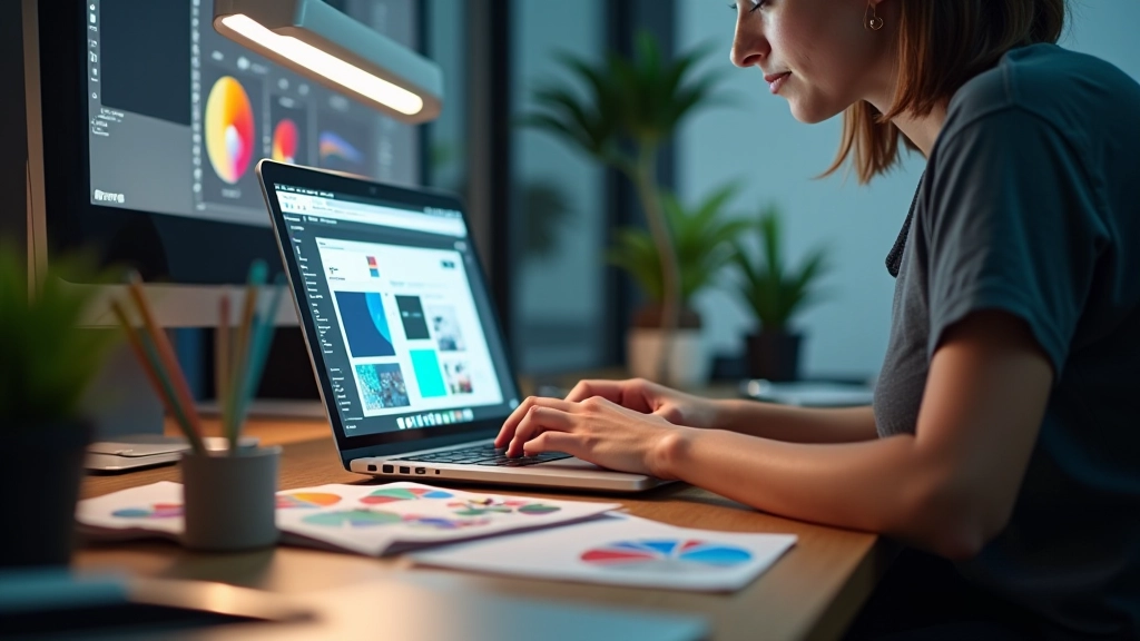Designer working on website layout with color palette and design tools on desk