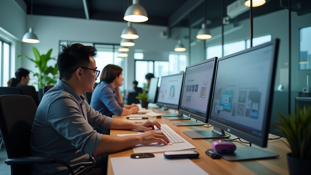 Our modern design studio workspace at Cyberport Singapore with collaborative atmosphere and professional equipment