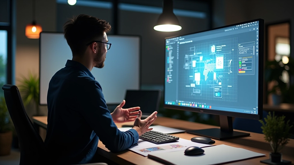 Web designer presenting interactive prototype on large monitor in modern studio