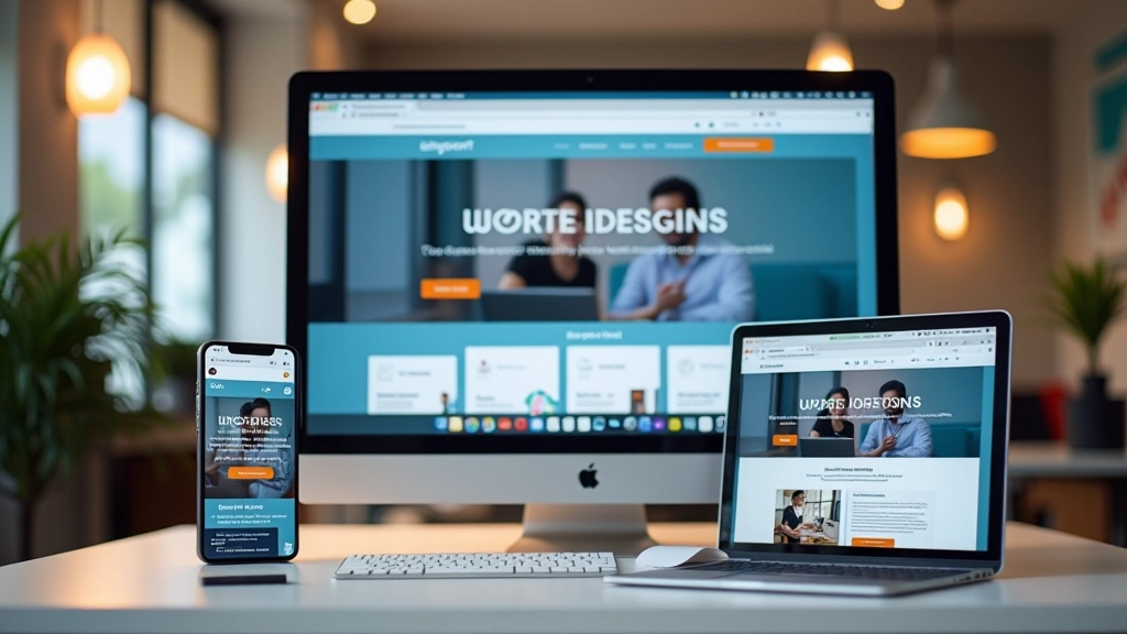 Mobile phone, tablet, and desktop monitor showing the same website responsive layout at different screen sizes