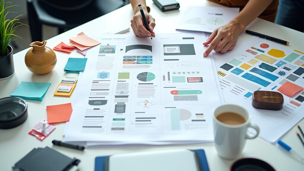 User interface design elements showing typography color swatches and spacing guidelines on a designer's workspace