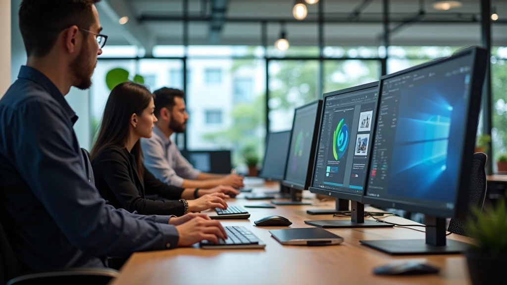 Modern design workspace with multiple monitors and creative tools