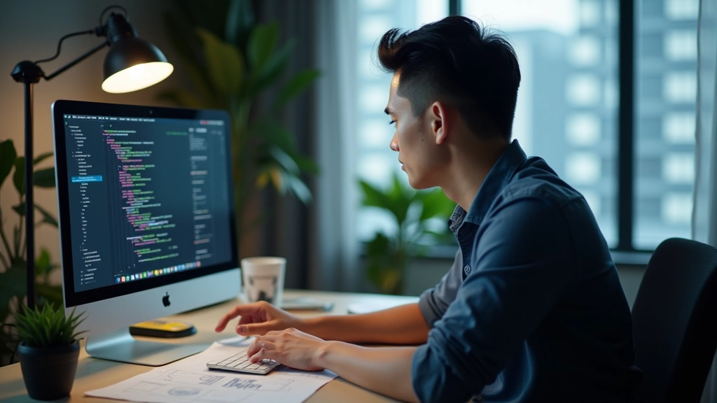 Web designer working on laptop with CSS code visible on screen and design sketches nearby on desk